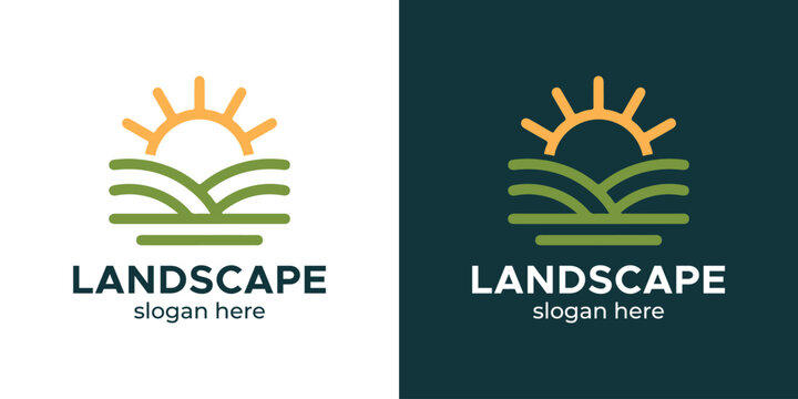 Simple Landscape logo design illustration. Inspiration vector sun with abstract Farm food badge icon design template