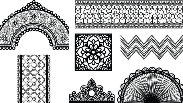 Conjunto de bordes de encaje negro decorativos y patrones geom&eacute;tricos ornamentados