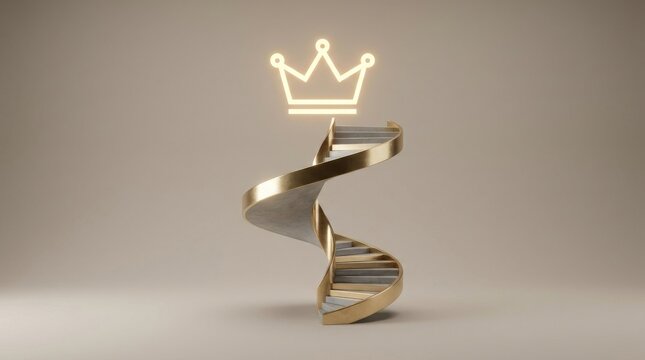 Driving Market Leadership Through Digital Transformation, Abstract 3D render: Golden spiral staircase with a crown at the top, representing success or lineage.