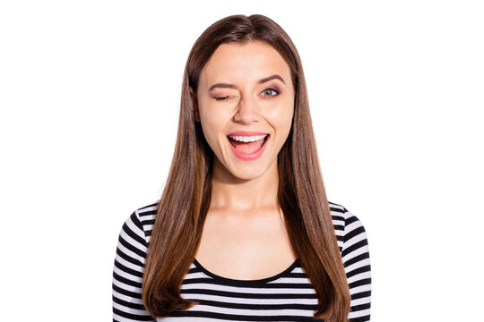 Close up photo of pretty lady winking laughing wearing striped pullover isolated over white background