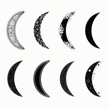 Conjunto de ocho lunas crecientes decorativas con diversos patrones art&iacute;sticos