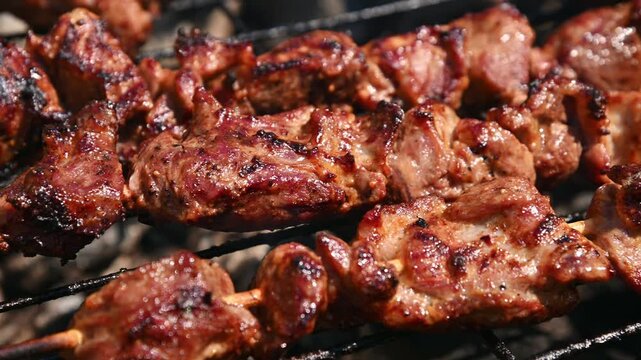 Grilled meat skewers cooking on barbecue grill with smoke and charred texture