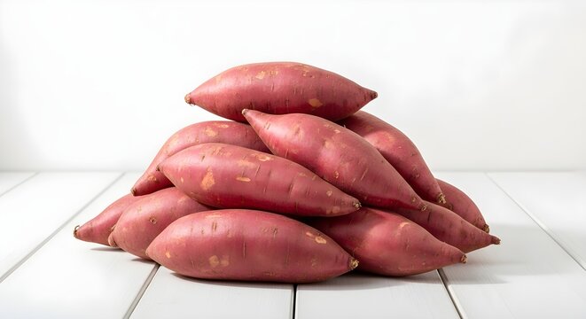 A pile of red sweet potatoes rests on a white wooden surface. Several red sweet potatoes are stacked together on a clean white surface.