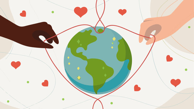 Diverse hands holding red heart string world Vector