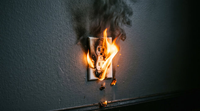 Electrical Hazard: A dangerous electrical outlet sparks and burns, spewing smoke and flames, indicating a serious fire risk and potential danger.