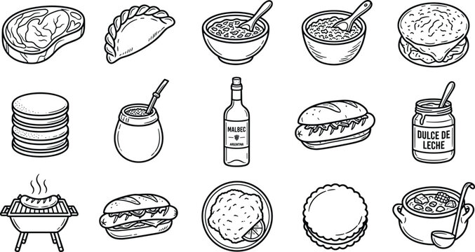 Traditional Argentine Food Line Art Icon Set Featuring Empanadas, Asado Steak, Yerba Mate, Malbec Wine, and Dulce De Leche Illustrations for Menu Designs