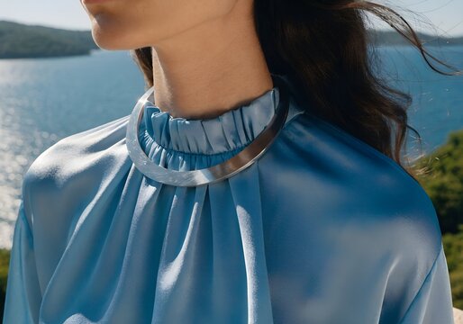 Contemporary Fashion: Close-Up Of Ruffled Blouse And Necklace