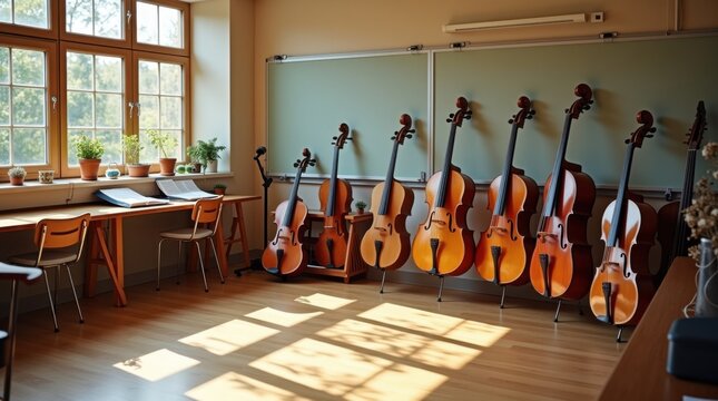 Aula de m&uacute;sica con instrumentos cuidadosamente organizados, sillas vac&iacute;as y paneles ac&uacute;sticos