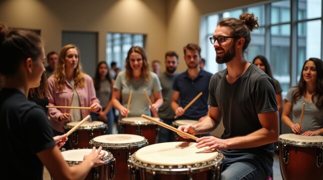 Profesor de m&uacute;sica dirigiendo un taller de percusi&oacute;n contempor&aacute;nea con alumnos participativos