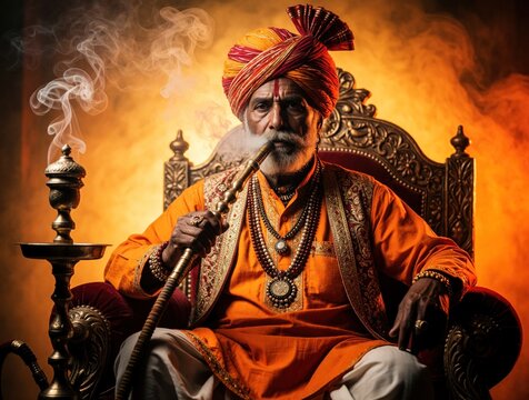 Elderly Indian man wearing ornate turban sits on a regal chair. He smokes a hookah pipe creating smoke swirls. Man wears traditional Indian attire and jewelry.