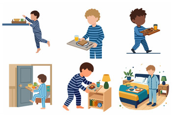 Fototapeta premium Set of Cute Boys in Striped Pajamas Carrying Breakfast Trays, Morning Routine and Childhood Independence Vector Illustration