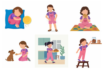 Set of Illustrations Featuring a Cute Little Girl and Her Love for Chocolate Chip Cookies in Various Daily Activities