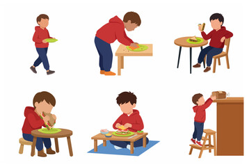 Little boy character set performing various activities like making a sandwich, eating, cleaning, and reaching for food in a flat vector style.