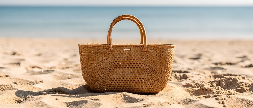 Woven straw beach tote with rounded handles on golden sand against a serene seascape: a spacious straw tote features a clean, tight weave in warm beige and a gently curved silhouette; its sturdy, roun