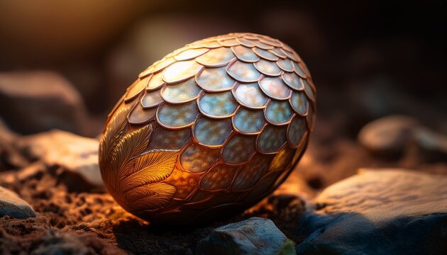 a dragon egg with a scaly glowing surface resting on a rocky ground illuminated by a soft warm light