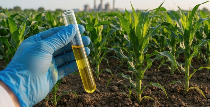 Hand in blue glove holds test tube with yellow liquid in cornfield. Scientist examines crop growth and soil quality. Agronomy research in rural farm field.