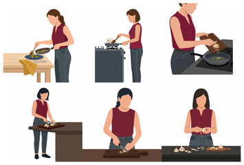 Fototapeta premium Vector illustration set of a woman cooking in the kitchen, chopping garlic, frying ingredients, and serving a healthy meal at home.