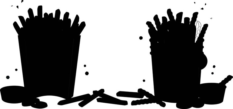 Line art illustration of french fries crinkle cut dipping sauces and potato slices.eps
