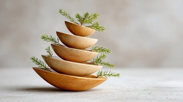Wooden bowl stack with fern leaves: balancing earthy minimalism