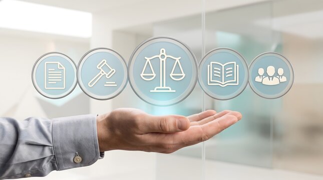 Accessible digital law services with clean transparent icons showing scales of justice and legal documentation