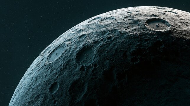 Detailed cratered rocky celestial body in deep space with dramatic surface texture and starry cosmic background