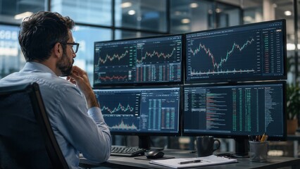 Fototapeta premium Financial analyst monitoring stock market trading charts and investment data on multiple computer screens