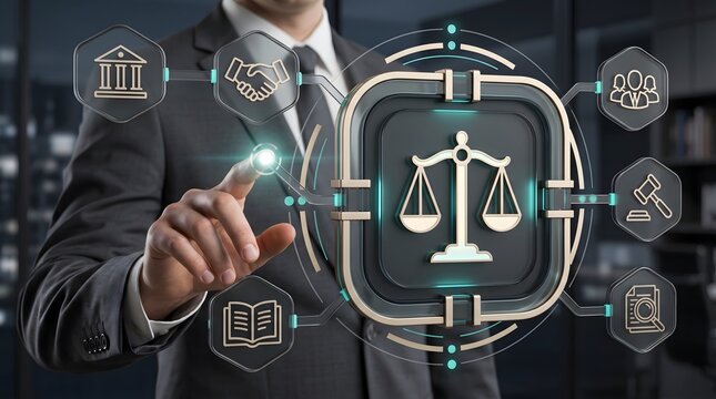 Cyber law interactive interface touched by businessman showcasing digital compliance and smart contract execution