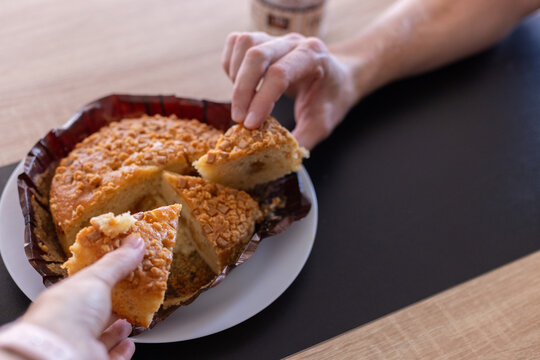 Homemade Caramel Pie Shared Between Two People.