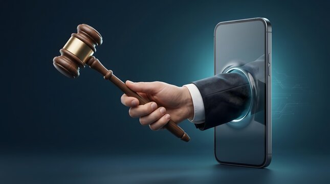 Virtual court verdict concept featuring businessman hand holding gavel coming out of mobile phone screen
