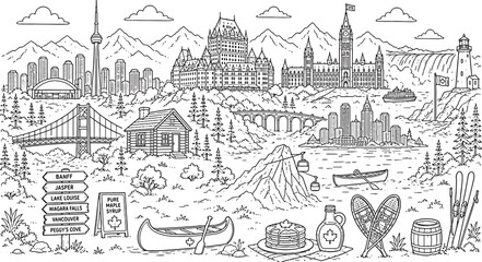 Naklejka premium Detailed Canada Landmarks and Wildlife Illustration for Coloring Page
