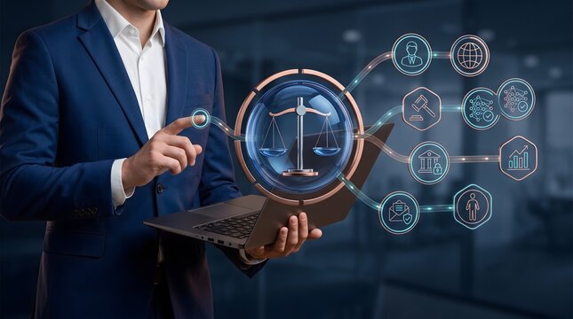 Artificial intelligence legal network interface operated by businessman for global corporate compliance and security governance