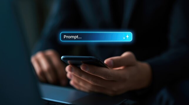 Person using smartphone with glowing prompt bar above screen.