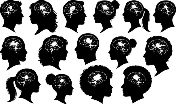 Silhouette of diverse human profiles, hairstyles, brain collection, black head shapes, people concept, white background, male, female, idea, thought, mystery, identity, anonymous, cameo silhouette