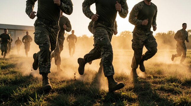 Group of soldiers running across field during morning drills. Military recruits in camouflage uniforms perform intense cardio training on obstacle course at sunrise. Men train outdoor in golden light