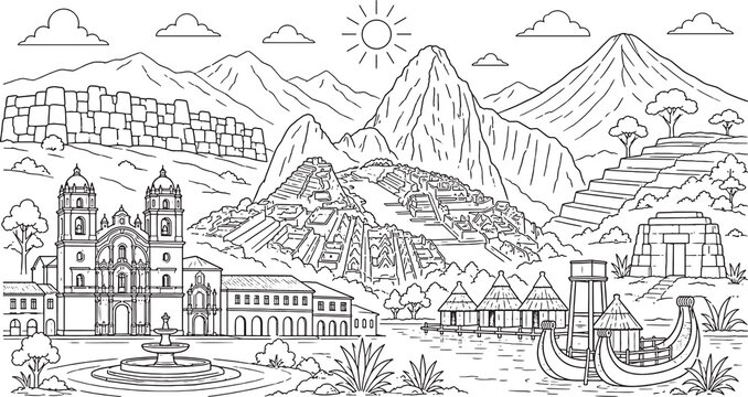 Hand Drawn Peru Landmarks Line Art Illustration for Coloring Book