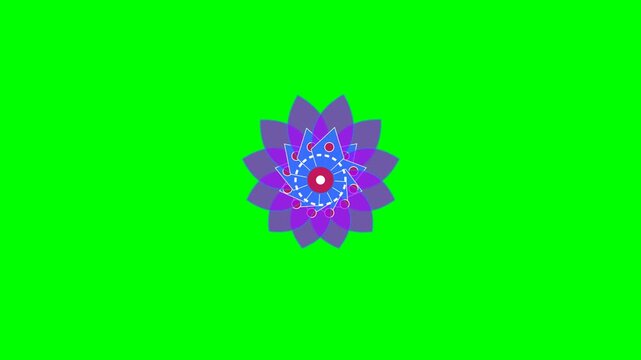 Abstract purple and blue floral geometric pattern on a vibrant green background