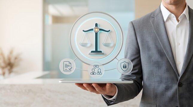 Legal technology software interface showing scales of justice hologram for corporate compliance and digital security governance