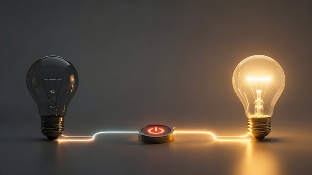 Light bulb power switch concept with glowing electric energy transfer from dark to bright illuminating innovation and creative idea generation