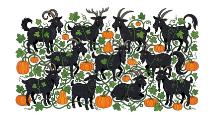 Obraz premium A whimsical illustration featuring a group of cute black goats playing among orange pumpkins and green vines on white background