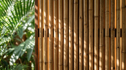 Obraz premium Bamboo wall panel close up with natural light and tropical leaf blur