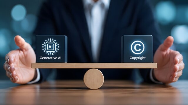 Generative AI and copyright law balance concept with business professional balancing artificial intelligence and intellectual property icons on wooden scale