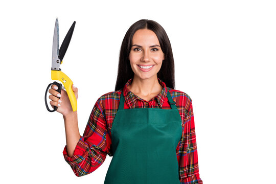 Photo of happy nice young pretty woman hold hand scissors gardener work isolated on grey color background
