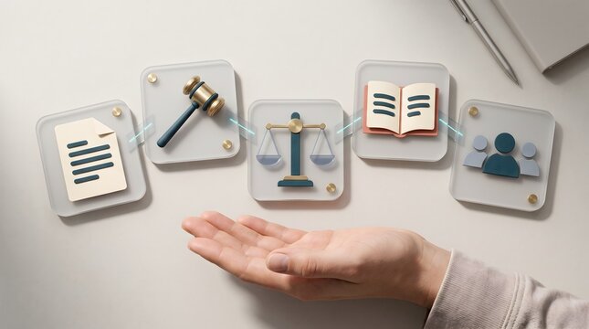Streamlined legal process flowchart with connected glass icons demonstrating digital compliance and virtual court workflow