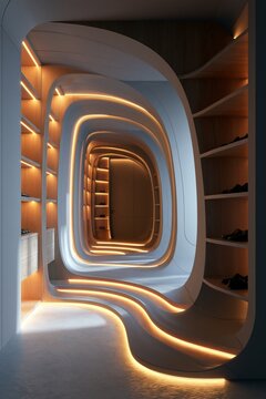 Ultra modern dressing room with futuristic curved shelving, hidden lighting and seamless surfaces in a high end architectural interior