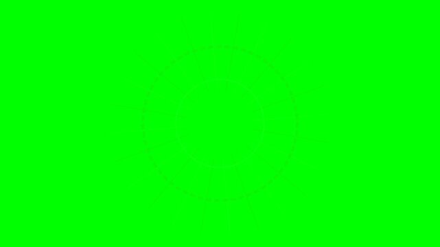 A geometric radial pattern featuring thin lines on a solid green background