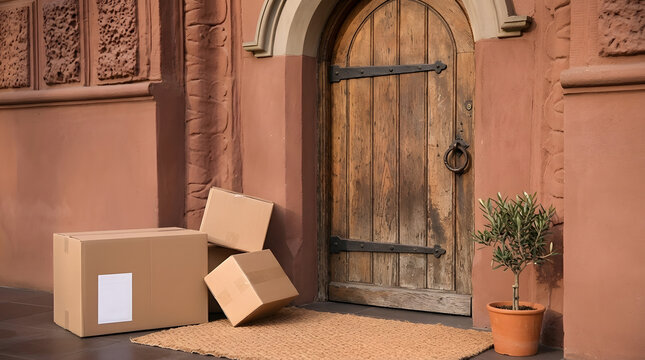 Delivery Parcels Left Outside Historic Home Front Door | Cardboard Shipping Boxes Delivered to Residential Porch | Home Delivery Packages Stacked Outside Wooden Entrance | Safe Contactless Delivery 