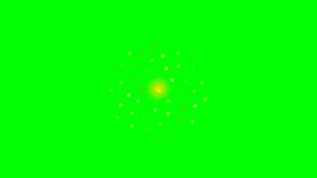 Abstract golden yellow light particles floating on a vibrant green background