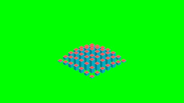 An isometric grid of blue blocks with red tops on a vibrant green background