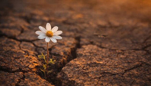 Single white daisy blooming through cracked dry earth under warm evening light. Symbol of resilience, hope, and life emerging from harsh conditions. Motivational, environmental concept.