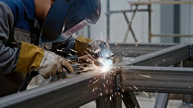 Close-Up View Of A Skilled Welder Working On Metal Structures In A Workshop With Sparks Flying From The Welding Process